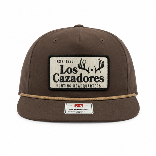 Los Cazadores gray flat brim rope cap featuring a lifelike embroidered front patch, structured crown, and clean whitebox product view for online listing.