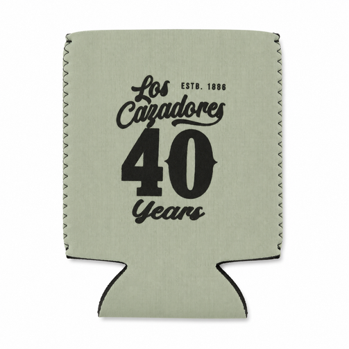 Front view of the Los Cazadores 40 Years commemorative sage green neoprene can cooler on a white background.