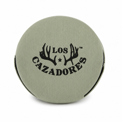 Bottom view of the Los Cazadores sage green neoprene can cooler featuring the Los Cazadores antler logo on a white background.