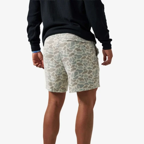 Man wearing Burlebo Vintage Shorts in tan camo with drawstring waist - Los Cazadores Texas
