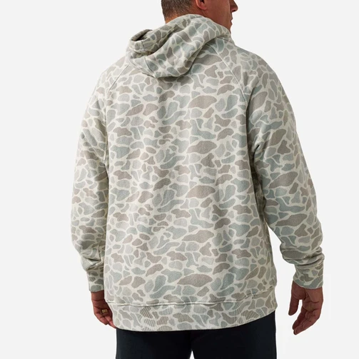 Burlebo vintage washed hoodie in classic deer camo, back view showing the hood