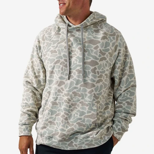 Burlebo vintage washed hoodie in classic deer camo, front view on model