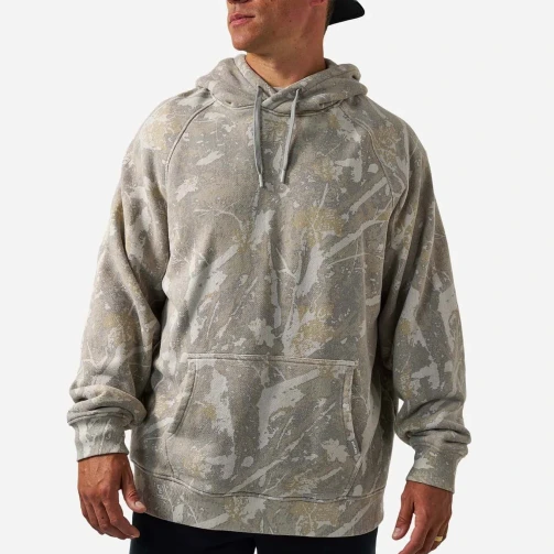 Burlebo vintage washed hoodie in drifter camo, front view on model