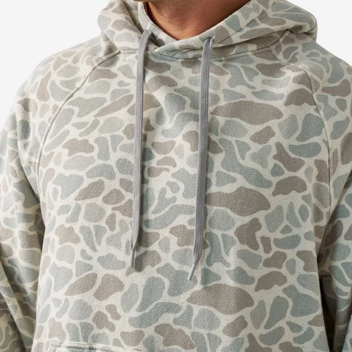 Close-up of the classic deer camo pattern and drawcord hood on the Burlebo vintage washed hoodie