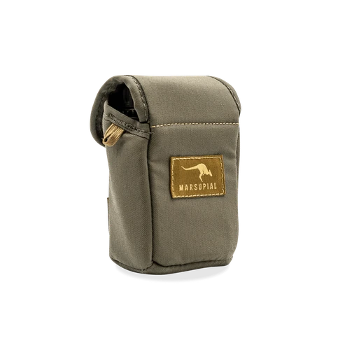 Marsupial Rangefinder Pouch in Ranger Green, angled view showing side tether loop