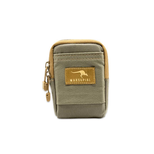 Marsupial Zippered Pouch small in Ranger Green, front view with Marsupial patch