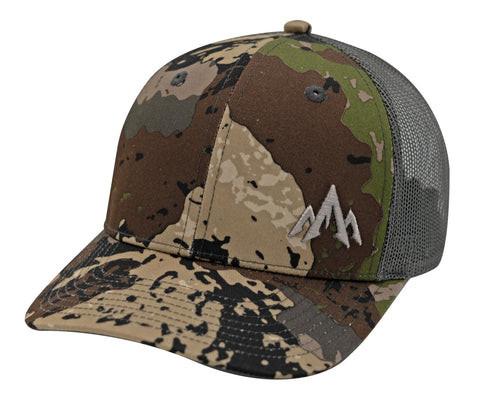 Pnuma Trucker Cap in Caza camo with embroidered Pnuma mountain logo and mesh back