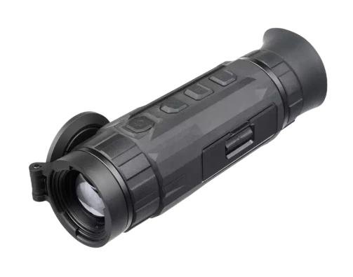 AGM Sidewinder TM35-384 thermal monocular, angled view showing the objective lens and lens cap