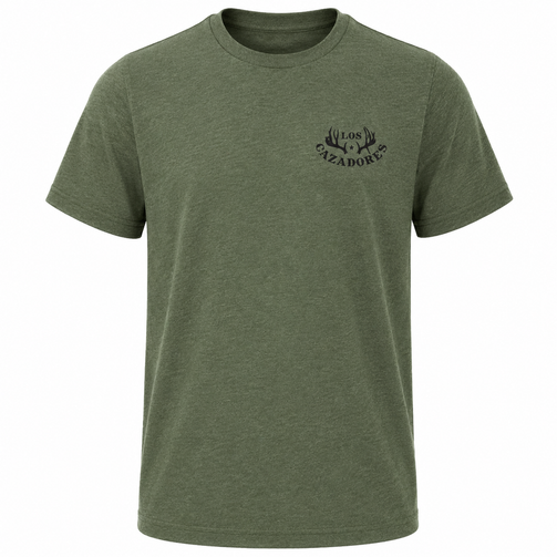 Front view of a Los Cazadores heather olive green short sleeve t-shirt displayed on a ghost mannequin against a white background. Features a small black Los Cazadores antler logo printed on the left chest, with a classic crew neck design and soft heathered fabric.