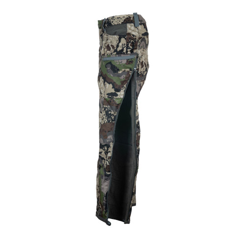 Pnuma Alpha Vertex Pant in Caza camo, side view with full-length side zipper open