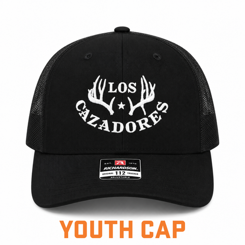 Front view of Los Cazadores Horns Logo Youth Richardson Cap in Black with Black Mesh Coloring with white background.