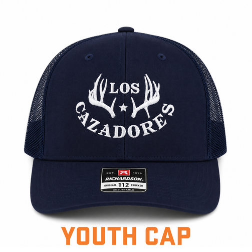 Front view of Los Cazadores Horns Logo Youth Richardson Cap in Navy with Navy Mesh Coloring with white background.