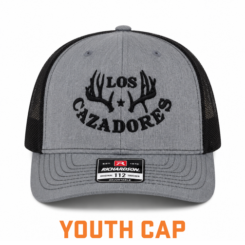 Front view of Los Cazadores Horns Logo Youth Richardson Cap in Heather Grey with Black Mesh Coloring with white background.