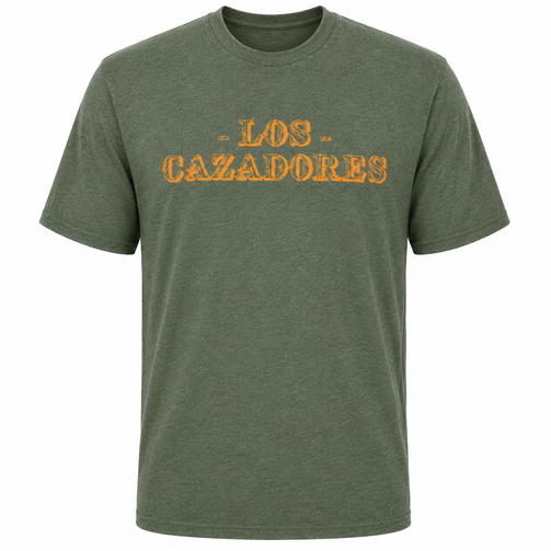 Front view of a Los Cazadores adult short-sleeve t-shirt displayed on an invisible ghost mannequin against a white background. The olive heather crew neck tee features a large distressed orange "LOS CAZADORES" graphic centered across the chest in a vintage western-style font. The shirt has a classic relaxed fit, short sleeves, and a soft heathered fabric texture. Clean ecommerce-style product image highlighting the bold front graphic and casual outdoor lifestyle aesthetic.