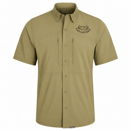 Front view of a Los Cazadores short-sleeve performance fishing shirt displayed on an invisible ghost mannequin against a white background. The khaki-tan button-up shirt features a structured collar, full button front, dual vertical zippered chest pockets, and moisture-wicking technical fabric. A dark Los Cazadores antler logo is printed on the wearer's left chest. Clean ecommerce-style product image highlighting the shirt's outdoor performance features, tailored fit, and hunting lifestyle branding.