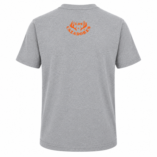 Los Cazadores heather gray short-sleeve T-shirt displayed on a ghost mannequin against a white background, featuring a small orange Los Cazadores antler logo centered below the back collar.