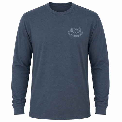 Front view of a Los Cazadores adult long-sleeve performance shirt displayed on an invisible ghost mannequin against a white background. The heather slate-blue crew neck shirt features a subtle tonal gray Los Cazadores antler logo printed on the wearer's left chest. The lightweight long-sleeve design has a relaxed athletic fit and clean ecommerce-style presentation highlighting the front branding and garment construction.