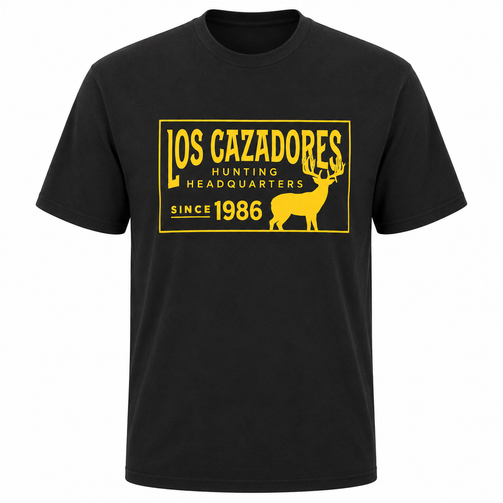 Front view of a Los Cazadores adult short-sleeve t-shirt displayed on an invisible ghost mannequin against a white background. The black crew neck tee features a large vintage-inspired gold graphic centered on the chest with "LOS CAZADORES," "Hunting Headquarters," and "Since 1986" text alongside a whitetail deer silhouette. The shirt has a classic fit with short sleeves and is presented in a clean ecommerce-style product image highlighting the bold front design and premium hunting lifestyle branding.