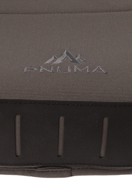 Close-up of the Pnuma logo and MOLLE loops on the Bino + Tech Harness