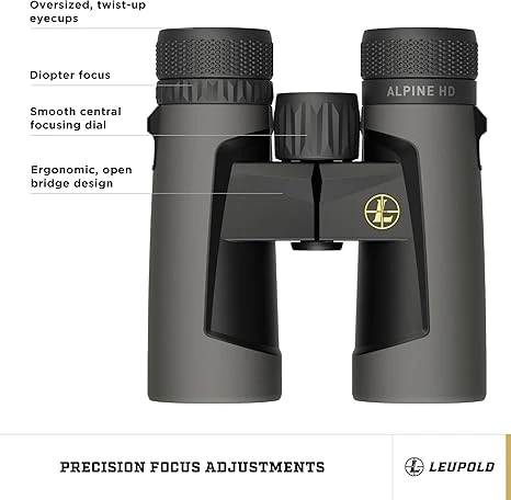 Leupold BX-2 Alpine HD 10x42 binoculars, eyepiece view with focus and diopter callouts