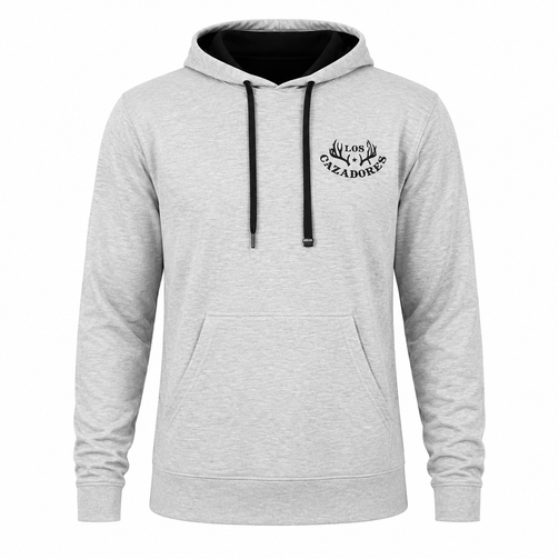 Front view of a Los Cazadores pullover hoodie displayed on an invisible ghost mannequin against a white background. The hoodie features a light heather gray body, black hood lining, black drawstrings, ribbed cuffs and hem, and a front kangaroo pocket. A black embroidered Los Cazadores antler logo is positioned on the wearer's left chest. Clean ecommerce-style product image showcasing the hoodie’s fit, construction, and outdoor lifestyle branding.