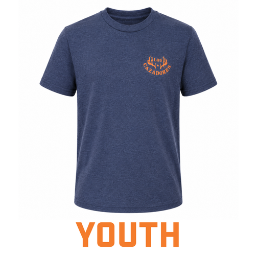 Youth Los Cazadores heather navy blue T-shirt on a ghost mannequin featuring a small orange antler logo on the left chest against a white background.