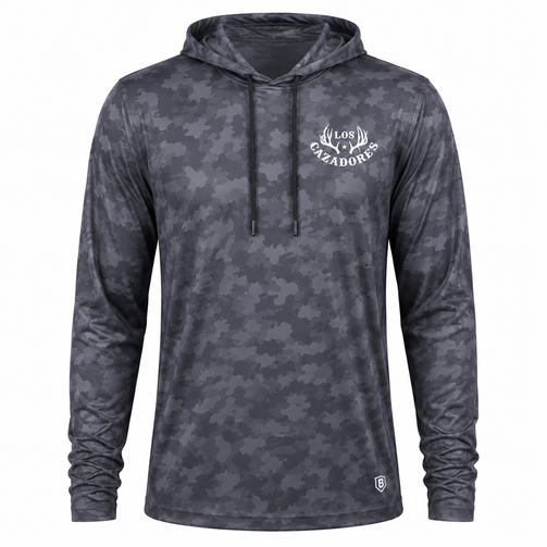 Front view of a Los Cazadores Burlebo performance hoodie displayed on a male ghost mannequin against a white background. The hoodie features a gray and charcoal camouflage pattern, attached hood with black drawstrings, long sleeves, and a white embroidered Los Cazadores antler logo on the left chest. Lightweight performance fabric with an athletic fit is presented in a clean ecommerce-style product image.