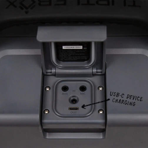 Close-up of the Turtlebox Grande USB-C device charging port under its waterproof cover