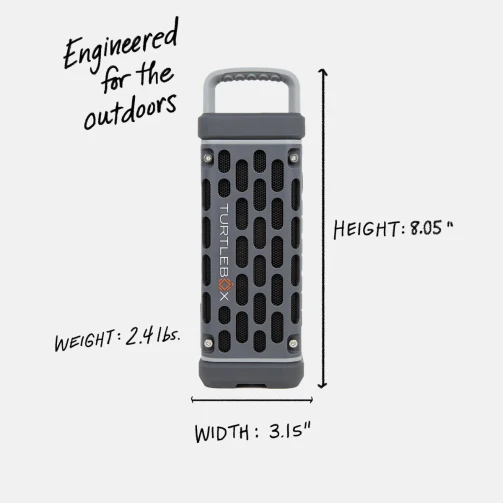 Gray Turtlebox Ranger speaker with height, width and 2.4 lb weight callouts