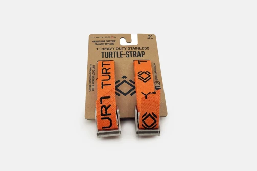 Turtlebox tie-down strap kit in orange, two straps in retail packaging