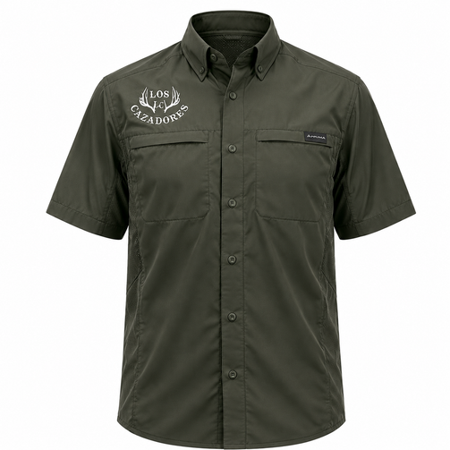 Front view of an olive green Los Cazadores short-sleeve button-down performance shirt displayed on a ghost mannequin against a white background. Features embroidered white Los Cazadores antler logo on the left chest, vented mesh side panels, dual chest pockets, button-front closure, and breathable technical fabric for outdoor wear.