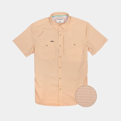 Poncho The Original short sleeve performance fishing shirt in a peach micro-check, front view with fabric swatch