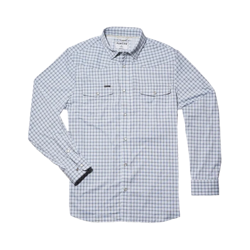 Poncho Western pearl snap long sleeve performance shirt in The Blackfin, a blue and white check, front view