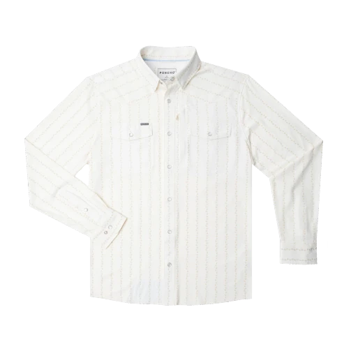 Poncho Western pearl snap long sleeve performance shirt in The Crockett, white with a subtle stripe, front view