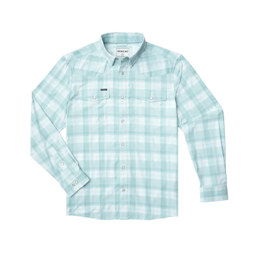 Poncho Western pearl snap long sleeve performance shirt in The Billings, an aqua and white plaid, front view