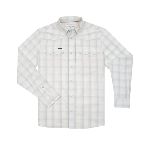Poncho Western pearl snap long sleeve performance shirt in The Kalispell, a white and tan plaid, front view