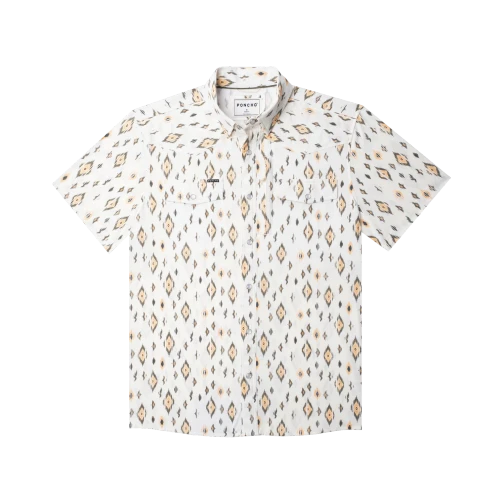 Poncho Outdoors The Diamond Back short-sleeve western pearl snap shirt in Cream Retro Diamond Print, front view on white background