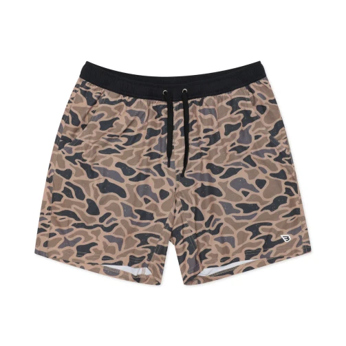 Burlebo men's athletic shorts in a brown camo with black waistband, laid flat