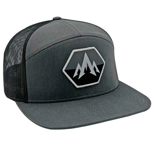 Pnuma Hex Flat Brim Trucker Cap in Charcoal with hexagon Pnuma patch