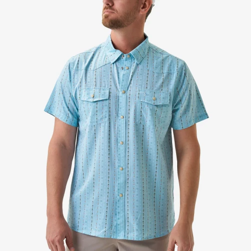 Burlebo performance western shirt in ranch blue jean, front view on model