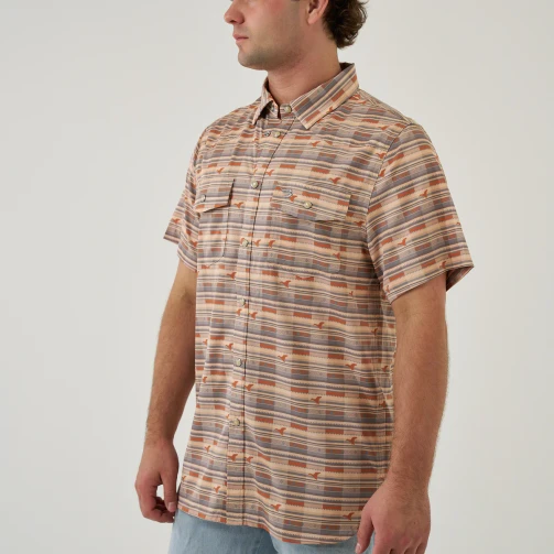 Burlebo performance western shirt in duck hunter plaid, front view on model