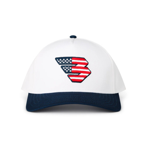Burlebo patriotic Flying B cap with an American flag Flying B logo on a white crown and navy brim, front view