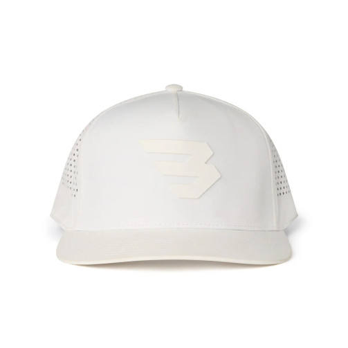 Burlebo white performance cap with a tonal Flying B logo, front view
