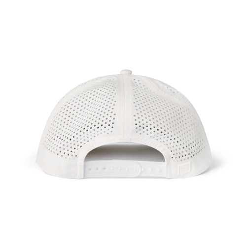 Back of the Burlebo white Flying B performance cap showing the perforated panels and snapback