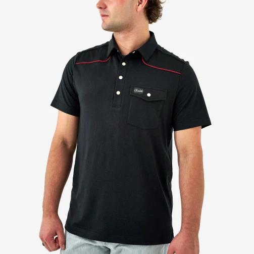 Burlebo Pearl Snap Performance Polo in Black and Red, front view highlighting red contrast piping and pearl snap buttons.