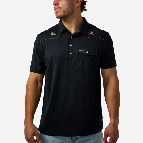 Burlebo Pearl Snap Performance Polo in Mallards Black, front view with embroidered mallard shoulder patches and rose-gold piping.