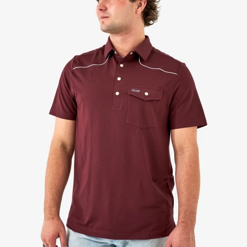 Burlebo Pearl Snap Performance Polo in Maroon, front view featuring the classic pearl snap placket and Burlebo chest pocket.