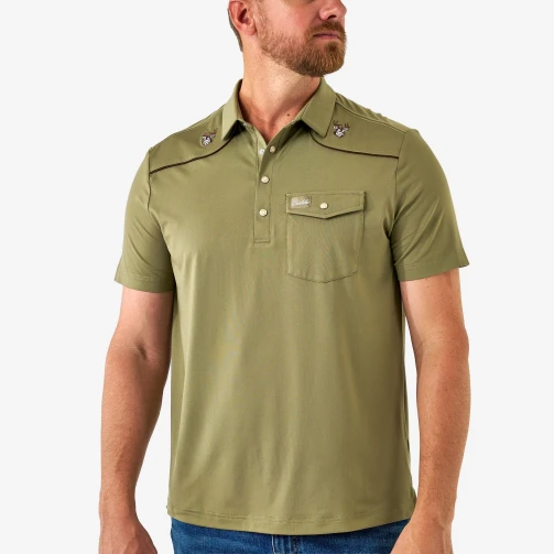 Burlebo Pearl Snap Performance Polo in Whitetail Deer Green, front view with pearl snap placket and embroidered deer shoulder patches.