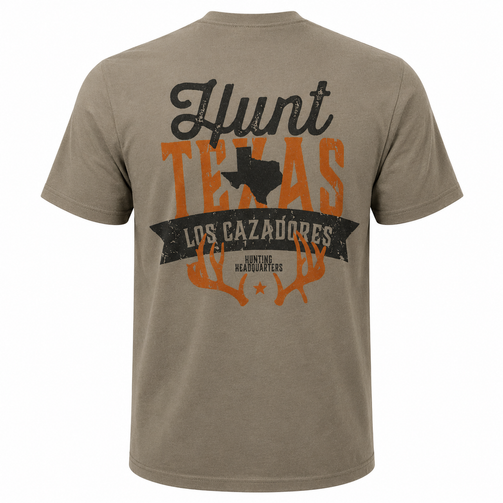 Back view of a khaki heather Los Cazadores short-sleeve T-shirt displayed on an invisible ghost mannequin against a pure white background. The shirt features a large distressed graphic with "Hunt Texas" text, a Texas state silhouette, Los Cazadores banner logo, orange antler artwork, and "Hunting Headquarters" branding centered across the back. Classic crewneck design with a relaxed fit and outdoor-inspired styling.