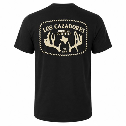 Black short-sleeve crewneck T-shirt displayed on an invisible male ghost mannequin against a pure white background. The back features a large tan Los Cazadores Hunting Outfitter graphic with antlers, Texas silhouette, and "Est. 1986" branding centered across the upper back. The classic-fit tee has a clean silhouette with a bold hunting-inspired back graphic and plain sleeves.